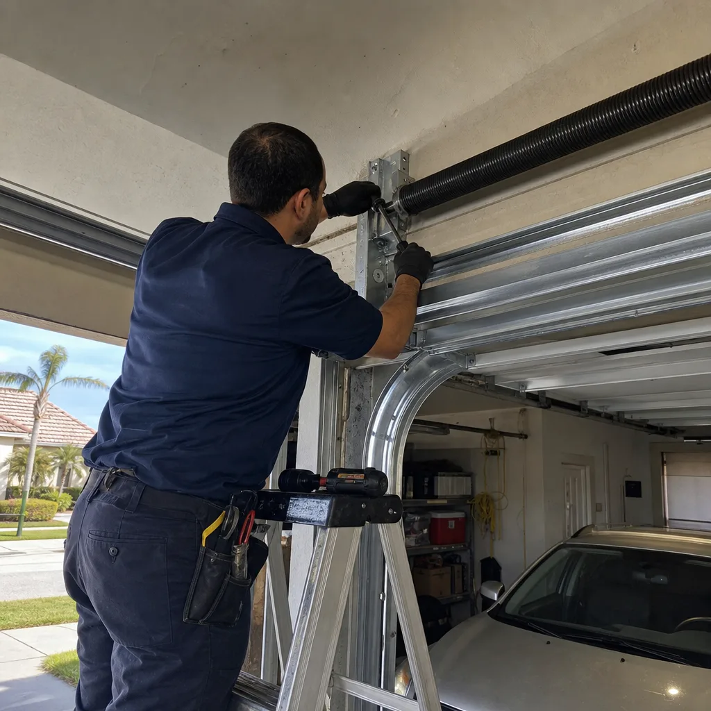 Technician performing emergency garage door spring repair and maintenance