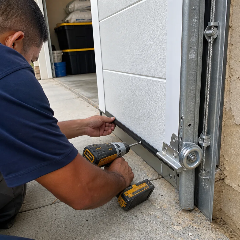 Technicians performing professional garage door installation with parts organized on driveway