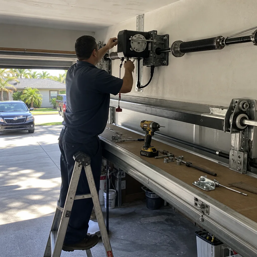 Technician performing professional garage door opener repair and installation services.