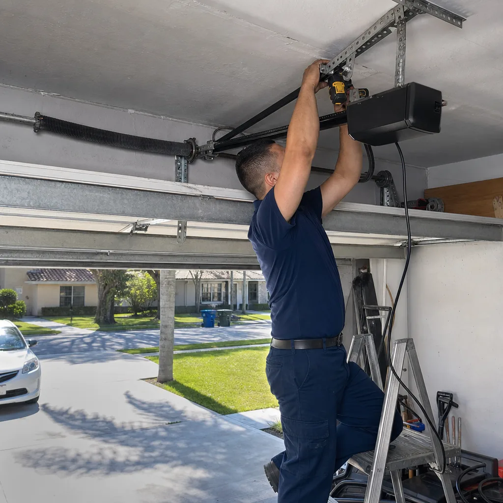 Technician performing professional garage door opener installation and repair