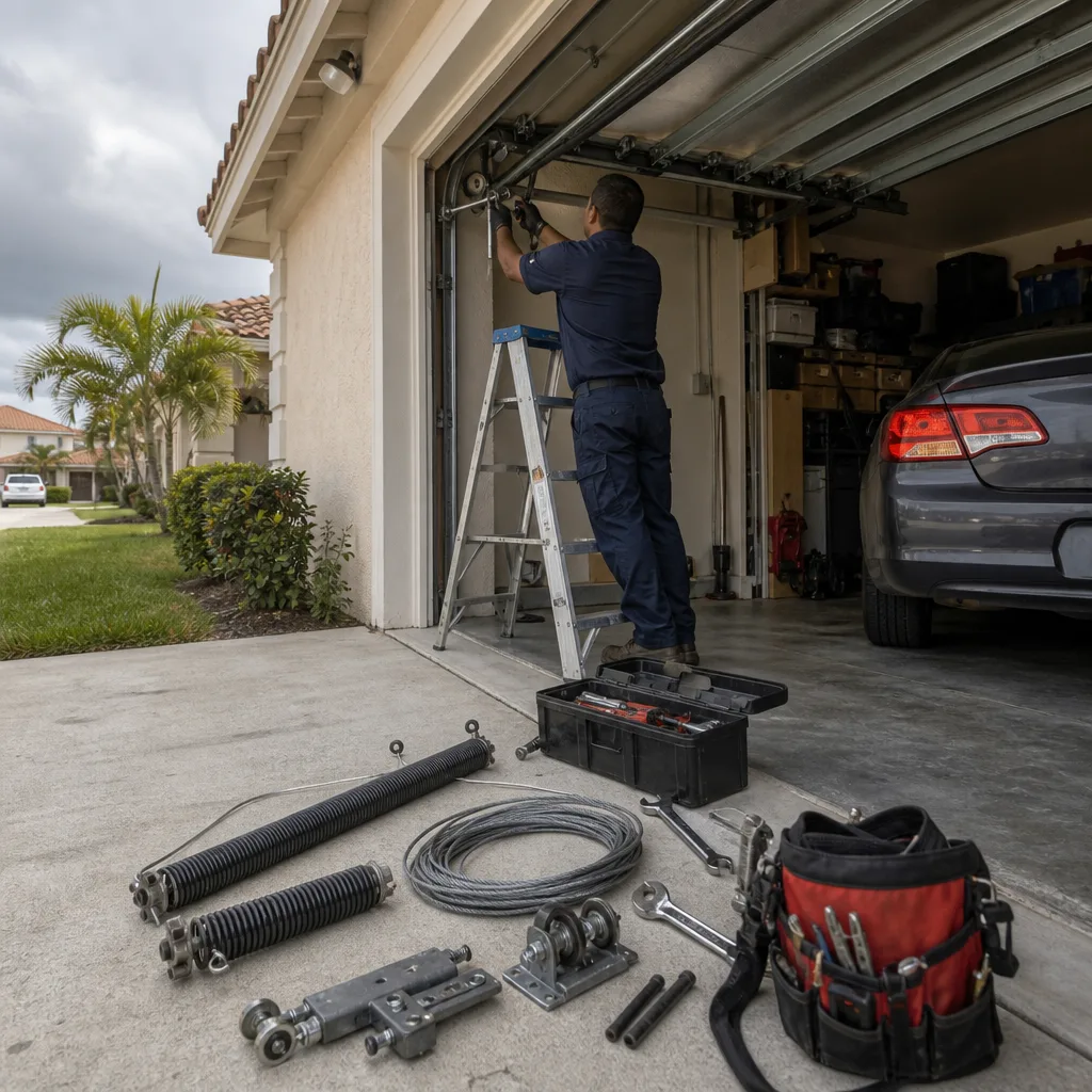 Technician performing professional garage door repair and parts installation in a garage