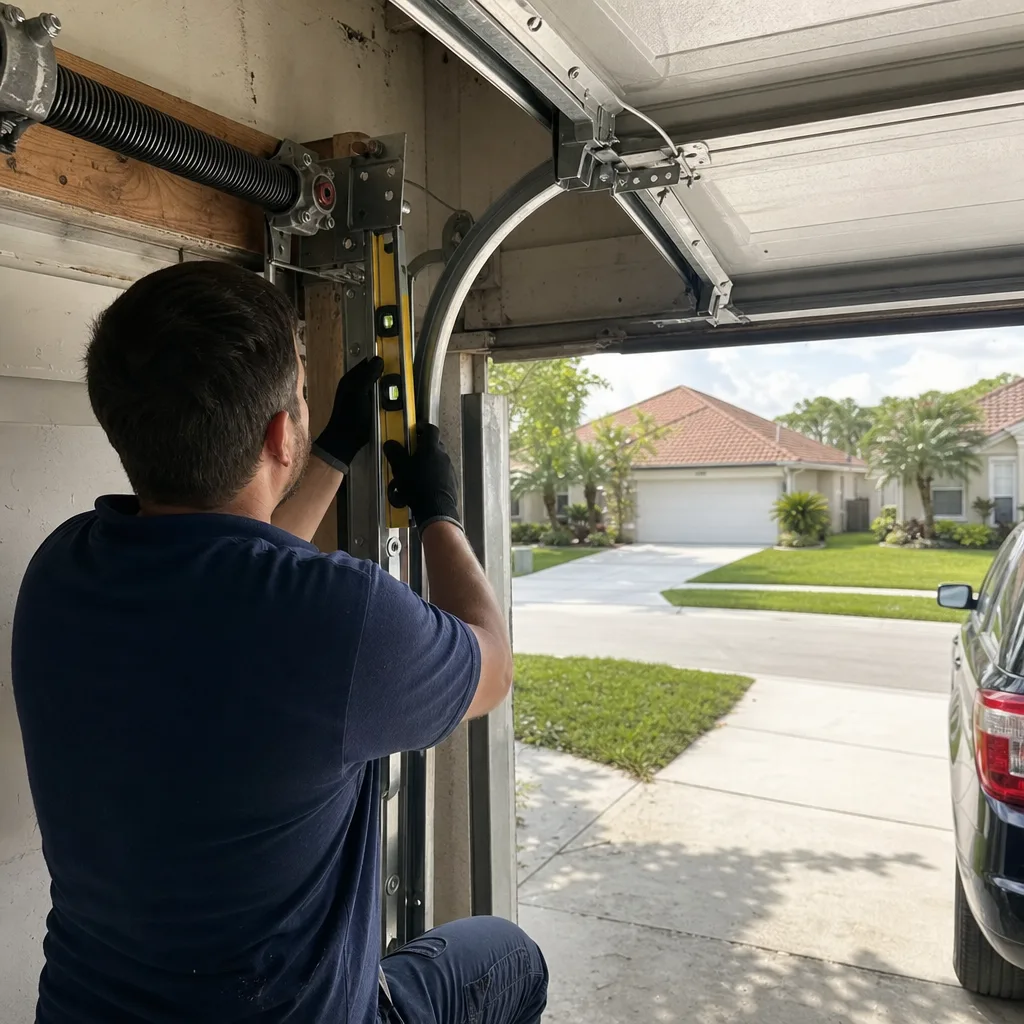 Technician using a level to align a garage door track