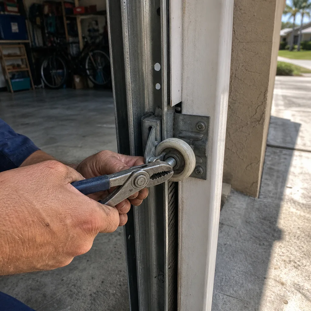 Technician performing professional garage door roller repair and maintenance.
